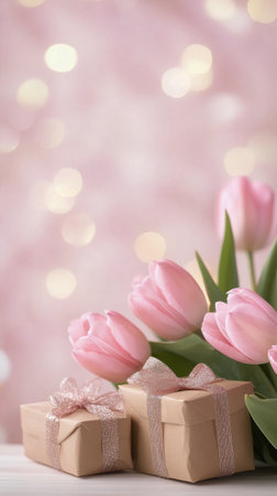 Soft pink background features neatly arranged gift boxes alongside fresh pink tulips. A delightful setup creates a warm, festive atmosphere perfect for celebrations or special occasions.の素材