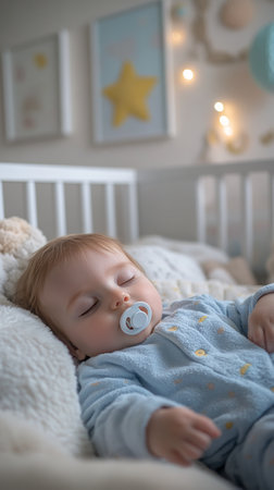 A baby in a light blue outfit is gently sleeping in a crib. The room is decorated with soft toys and blankets, creating a warm and soothing atmosphere.の素材