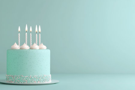 A beautifully decorated cake with four lit candles awaits to be celebrated. The soft pastel colors and gentle lighting create a joyful atmosphere perfect for any special event.の素材