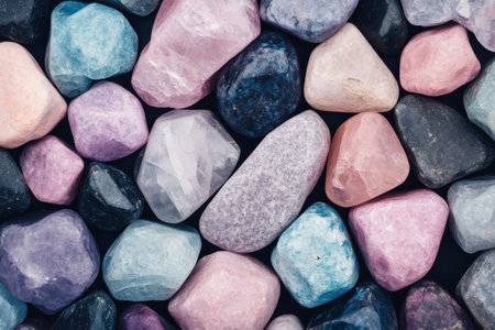 A vibrant assortment of gemstones and crystals in different colors and shapes lays scattered on a dark surface. Each stone exhibits unique patterns and textures, creating a captivating visual display.の素材