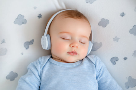A baby sleeps peacefully while wearing cozy headphones in a softly decorated room. Cloud and star motifs create a calming atmosphere. Sunlight gently brightens the space.の素材