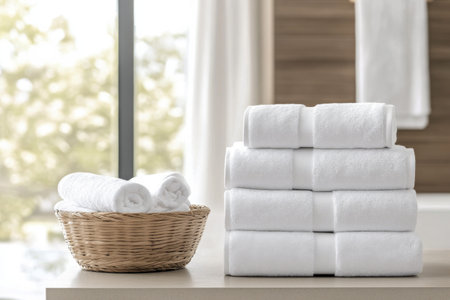 A calming spa area features neatly arranged white towels stacked on a table beside a basket containing rolled towels. Soft lighting enhances the serene atmosphere in this relaxing space.の素材