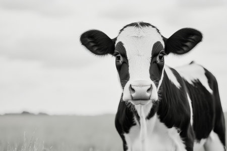 A young calf stands in a grassy field, its distinctive black and white markings visible. The sky is overcast, creating a serene and calm atmosphere.の素材