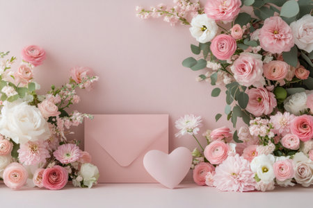A lovely collection of pink flowers is beautifully arranged alongside a heart shaped box and a matching pink envelope. This display is perfect for celebrating love and friendship.の素材