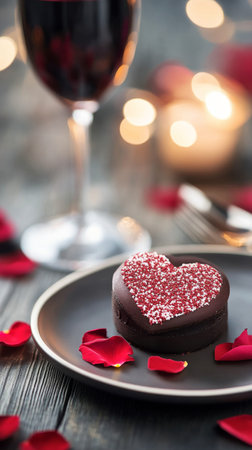 A heart shaped chocolate cake adorned with red sprinkles sits on a gray plate. Surrounding it are scattered rose petals, with a glass of red wine and soft candlelight in the background.の素材