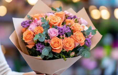 A person holds a large bouquet filled with peach and pink roses, accented by purple flowers and greenery. The vibrant market background is softly blurred, adding depth.の素材