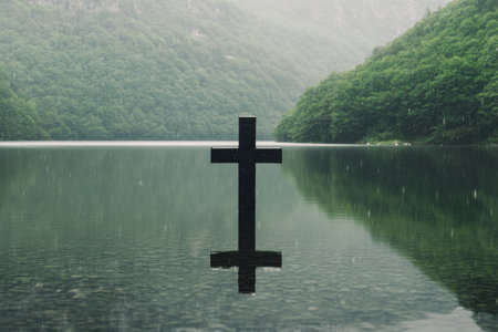 A serene lake reflects a dark cross standing in the water, embraced by lush green mountains under a soft morning mist. It creates a calm and spiritual atmosphere in nature.の素材