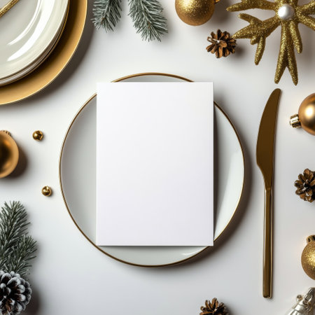 A beautifully arranged table for a festive occasion features a blank card on a gold rimmed plate, surrounded by ornaments, pinecones, and greenery, showcasing a holiday atmosphere.の素材