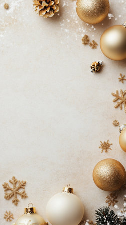 Elegant holiday decorations adorn a light surface, showcasing shimmering gold and white ornaments, pinecones, and snowflake accents, creating a festive and warm atmosphere for celebrations.の素材