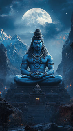 A serene figure of Lord Shiva in deep meditation, highlighted by a blue hue. The backdrop features an ancient temple surrounded by mountains, illuminated by a full moon.の素材
