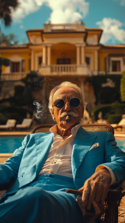 An elegantly dressed older man with a distinguished mustache sits relaxed by the pool. He wears sunglasses and holds a cigar, embodying a lifestyle of luxury and leisure in a stunning villa.の素材