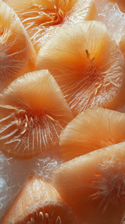 Fresh orange slices are artistically arranged on a white surface, showing off their vibrant color and texture. The bright kitchen light enhances their juicy appearance, inviting taste.の素材