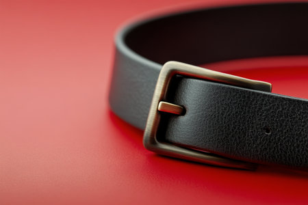 A black leather belt featuring a bronze buckle is positioned on a vivid red surface. The belts texture and buckle details are prominently highlighted, showing its design.の素材