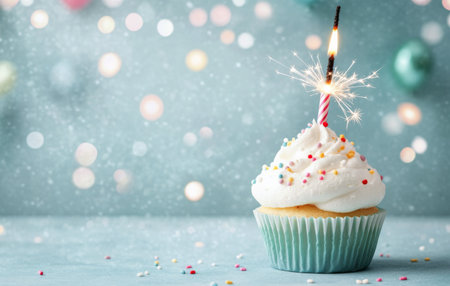 A delightful cupcake sits on a light blue surface, topped with fluffy frosting and colorful sprinkles. A lit sparkler candle adds a joyful touch, evoking a festive atmosphere.の素材
