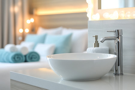A sleek bathroom sink rests on a countertop next to a plush bed in a contemporary hotel room. Soft lighting creates a warm atmosphere, enhancing the relaxing environment.の素材