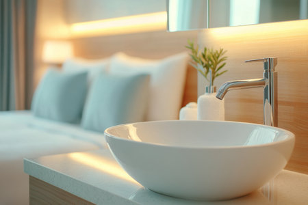 A sleek bathroom sink rests on a countertop next to a plush bed in a contemporary hotel room. Soft lighting creates a warm atmosphere, enhancing the relaxing environment.の素材