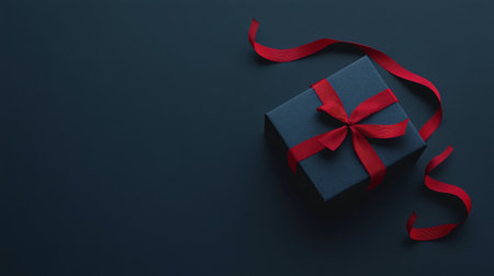A beautifully wrapped gift box featuring a vibrant red ribbon is placed on a dark surface. The clean lines and minimalistic design enhance the elegance, perfect for celebrations.の素材