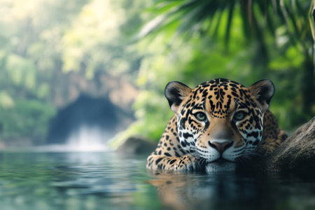 A powerful jaguar slowly advances through the tranquil waters of a tropical rainforest.の素材