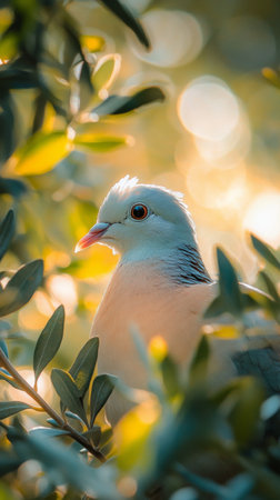 A dove inspects ripe berries nestled among leaves in a vibrant garden. The warm sunlight highlights the birds delicate features and the luscious fruit surrounding it, creating a serene moment.の素材