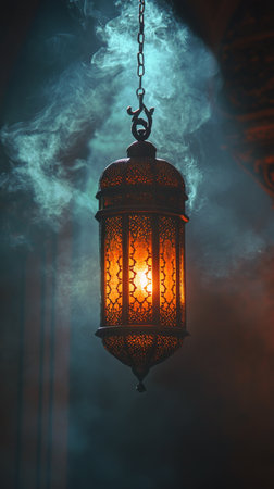 A beautifully designed lantern hangs from the ceiling, casting an orange glow. Smoke swirls around it, creating an enchanting atmosphere in a dimly lit room with window view.の素材