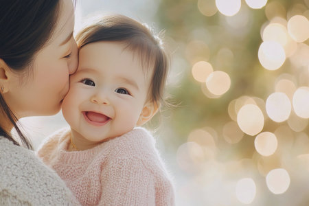 A mother kisses her smiling baby on the cheek as they share a warm moment in a softly lit room. The baby looks happy, creating a joyful atmosphere filled with love.の素材