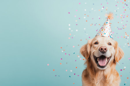 A joyful golden retriever wears a party hat, surrounded by flying confetti in a bright and festive atmosphere. The expression shows excitement and happiness, perfect for a celebration.の素材