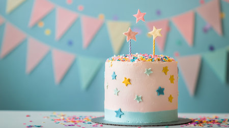 A beautifully decorated cake featuring pastel colors and golden stars sits on a white stand. Its vibrant design complements a cheerful party atmosphere with colorful decorations in the background.の素材