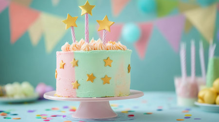 A beautifully decorated cake featuring pastel colors and golden stars sits on a white stand. Its vibrant design complements a cheerful party atmosphere with colorful decorations in the background.の素材