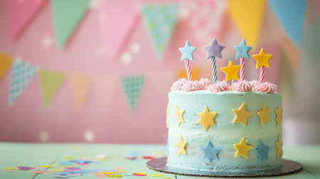 A beautifully decorated cake featuring pastel colors and golden stars sits on a white stand. Its vibrant design complements a cheerful party atmosphere with colorful decorations in the background.の素材
