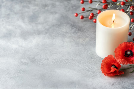 A white candle emits a gentle glow, surrounded by vibrant red poppies and berries on a smooth gray surface. This calming arrangement creates a soothing atmosphere.の素材