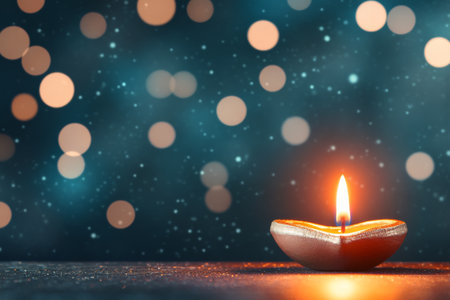 A small candle burns gently, casting a warm glow in a dim setting. The background features soft, shimmering bokeh lights that enhance the tranquil ambiance.の素材
