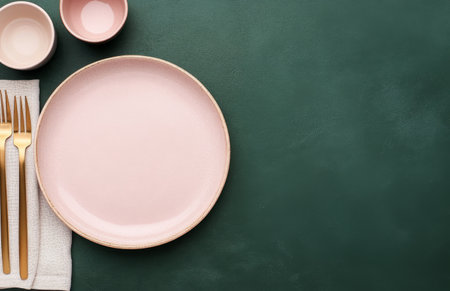 A pastel table setting features pink and green plates, golden cutlery, and a light napkin on a dark green surface.の素材