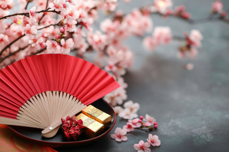 A red fan lies beside gold wrapped gifts, elegantly arranged on a plate. Surrounding them are delicate cherry blossom branches, adding a touch of spring beauty to the display.の素材