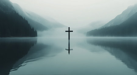 A wooden cross rises from a still lake, enveloped in soft mist. Towering mountains frame the scene, creating a serene atmosphere at dawn. The water reflects the cross, adding to the calmness.の素材