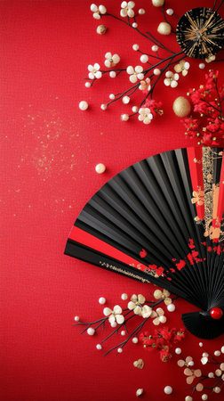 A striking red fan displays intricate designs while resting on a vivid surface. Delicate branches adorned with red and white blossoms create a festive atmosphere, enhancing the elegant setting.の素材