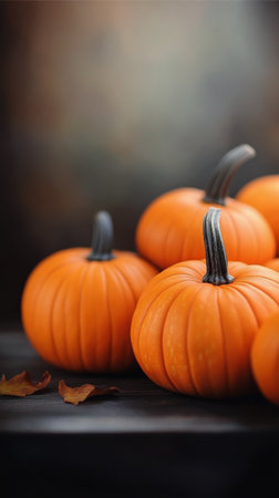 A collection of bright orange pumpkins sits attractively on a rustic wooden crate, showing their smooth surfaces and seasonal appeal in a warm autumn environment.の素材