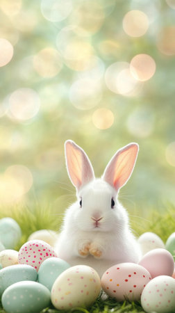 A fluffy white rabbit sits calmly among pastel colored Easter eggs. The soft colors and blurred background create a serene atmosphere perfect for celebrating the holiday.の素材