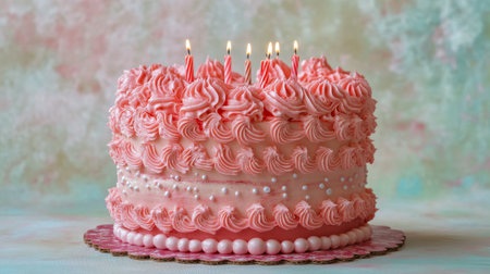 A beautifully crafted pink cake adorned with delicate frosting ruffles and lit candles stands on a white stand. It is the centerpiece for a joyful celebration, inviting guests to enjoy.の素材