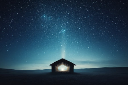 A small hut stands under a breathtaking night sky filled with countless stars. The serene scene evokes a sense of peace and solitude, set in an open landscape.の素材