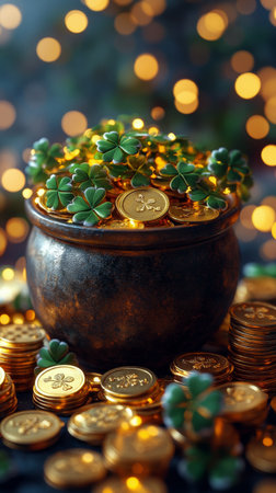 A pot filled with shiny golden coins and adorned with green clovers sits amidst a backdrop of twinkling lights. This festive arrangement evokes a sense of celebration and abundance.の素材