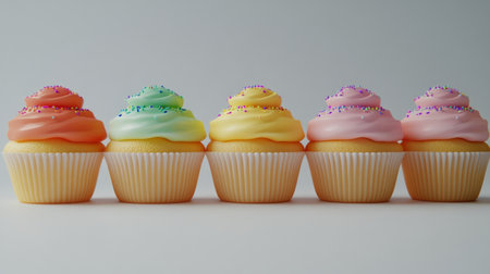 A row of colorful cupcakes with swirled frosting and decorative sprinkles arranged on a white surface. Perfect for a party or festive occasion, enticing with their bright hues.の素材