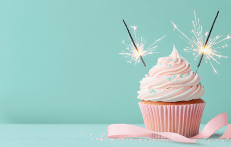 A beautifully decorated cupcake sits against a light blue background, topped with frosting, colorful sprinkles, and a sparkler. A pink ribbon lies elegantly beside it, enhancing the festive vibe.の素材