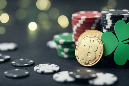 Colorful poker chips and a golden bitcoin are arranged on a black surface, highlighting a festive gambling setting. Green clover adds a touch of luck to the exciting gaming experience.の素材