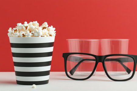 This arrangement features a large striped cup filled with popcorn next to three pastel pink coffee cups. A pair of black sunglasses adds a playful touch, perfect for a movie night setting.の素材