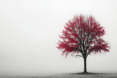 A vibrant red tree is surrounded by a thick fog in an empty space. The soft light of dawn creates a serene atmosphere, emphasizing the trees striking color against a muted background.の素材