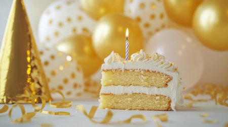 A small piece of vanilla cake with a lit candle sits on a table, surrounded by golden balloons and festive party hats. The atmosphere is cheerful and celebratory.の素材