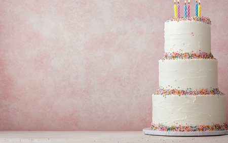 A beautiful three tier cake stands elegantly on a white plate, adorned with colorful sprinkles and topped with birthday candles. The soft pink background adds a festive touch.の素材