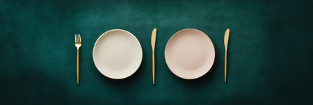 Two plates and gold cutlery are arranged symmetrically on a dark green surface, creating a sophisticated dining atmosphere perfect for an intimate meal or gathering.の素材