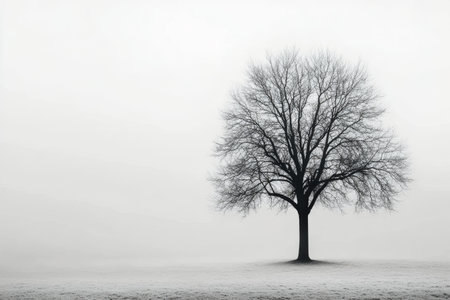 A lone, leafless tree stands prominently against a gray cloudy sky, showcasing its intricate branches. This serene winter view highlights the beauty in natures simplicity.の素材