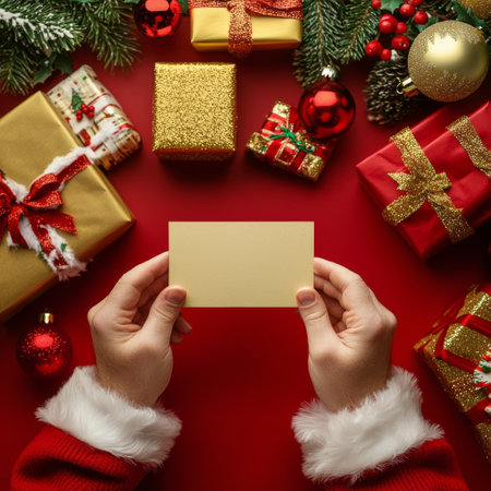 Hands dressed in festive attire hold a blank card surrounded by holiday gifts on a red surface, creating a warm atmosphere perfect for celebrating the season.の素材